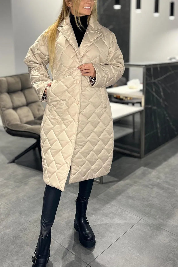 Mariette | Long Quilted Coat with Subtle Leopard Lining