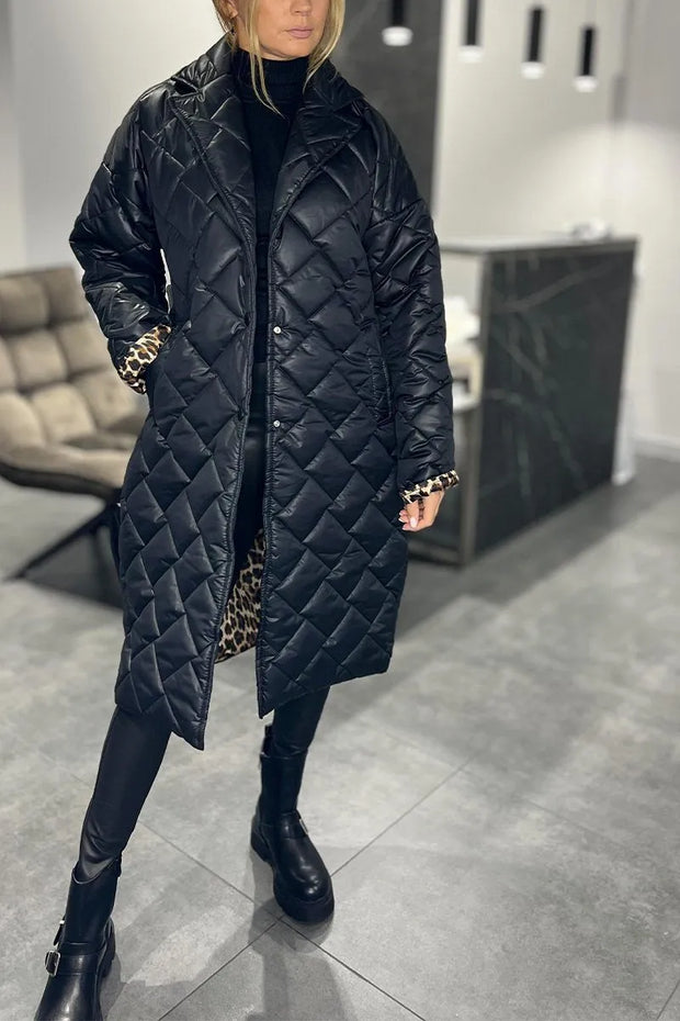 Mariette | Long Quilted Coat with Subtle Leopard Lining